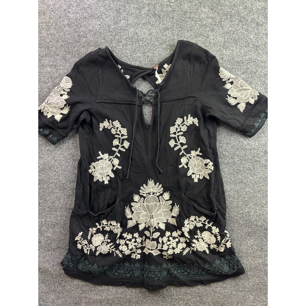 Free People Talia Tunic Top Womens S Black Floral Embroidered Lace Up Open Back
